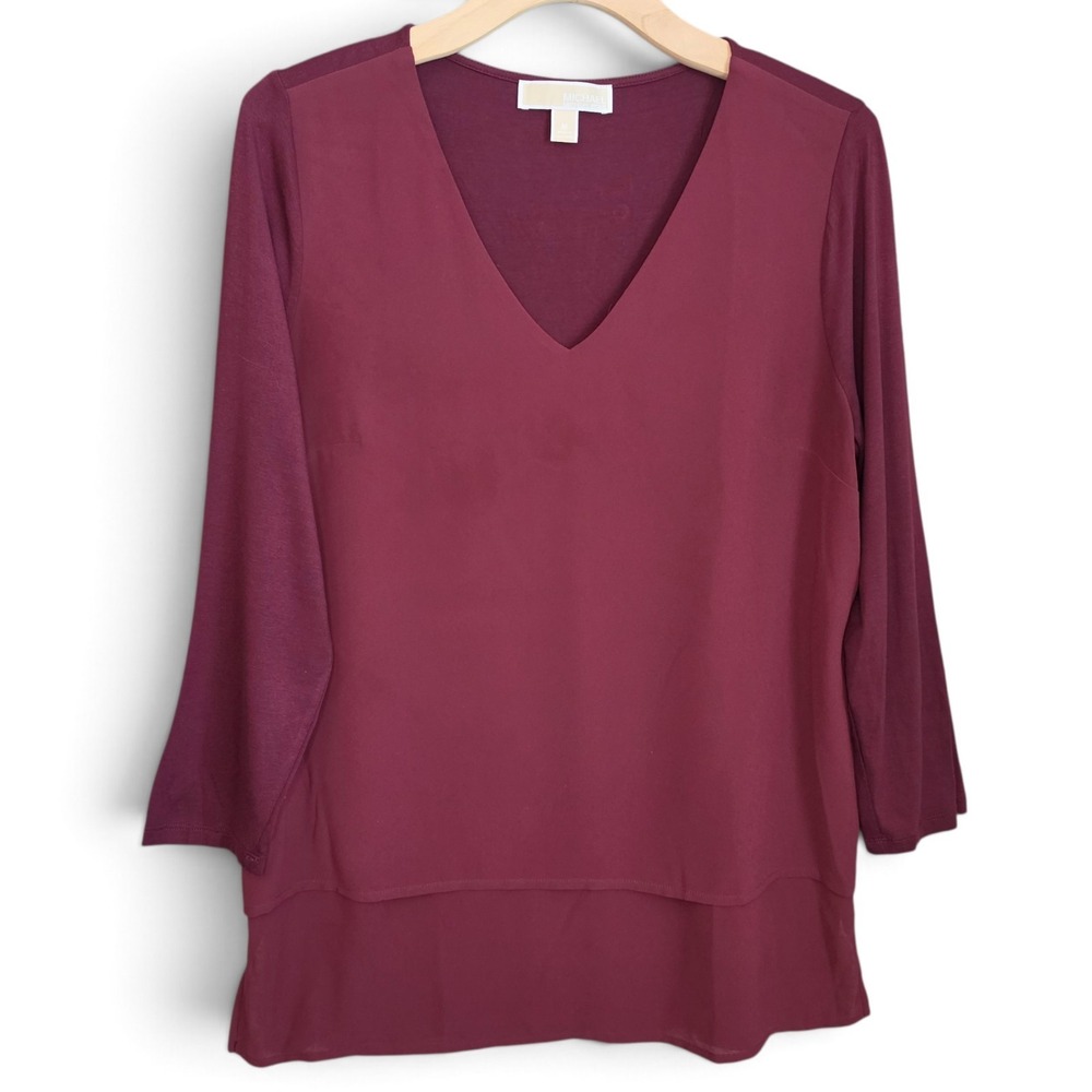 Michael Kors Top Womens Medium Maroon Wine Double Layer V Neck Tunic Blouse LS